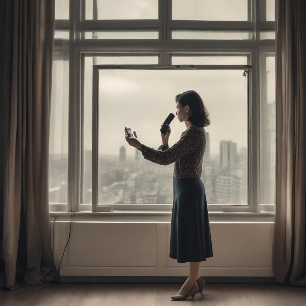 a woman holding a phone by the window overseas by मुफ्त एआई छवि जनरेटर - बिना लॉगिन के✨ | AIGAZOU