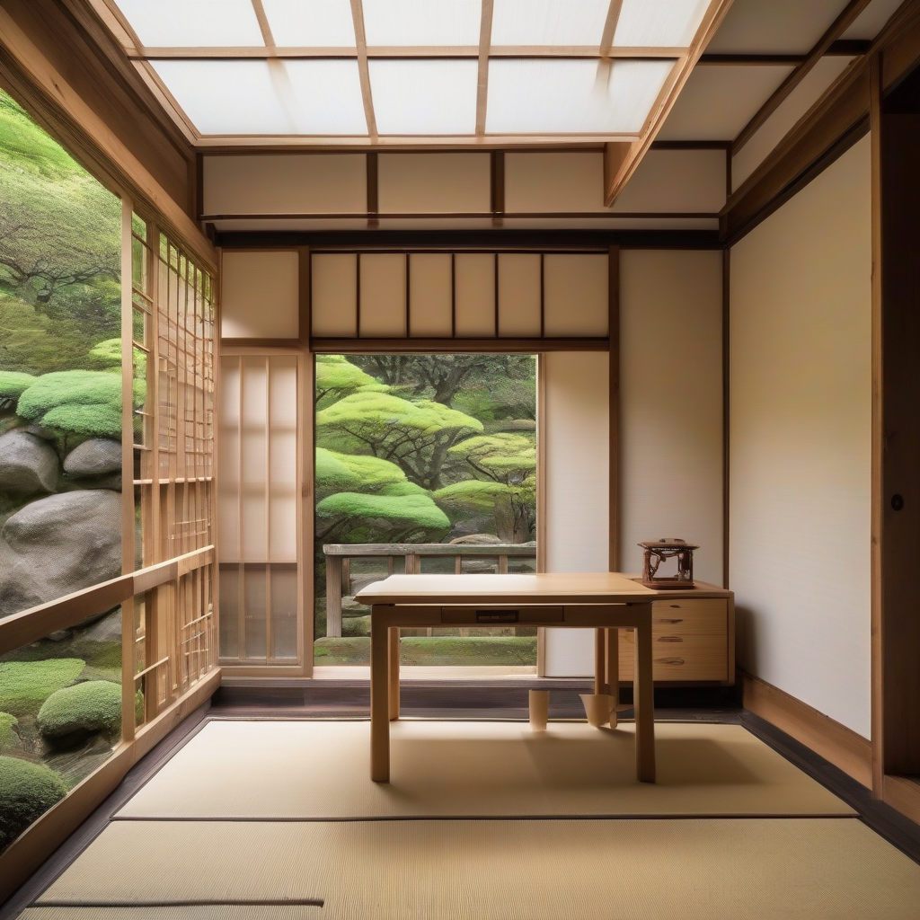 small room wood wall tatami desk japanese garden by मुफ्त एआई छवि जनरेटर - बिना लॉगिन के✨ | AIGAZOU