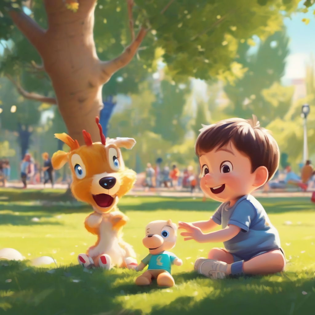 a child and cartoon characters playing in a sunny park by मुफ्त एआई छवि जनरेटर - बिना लॉगिन के✨ | AIGAZOU