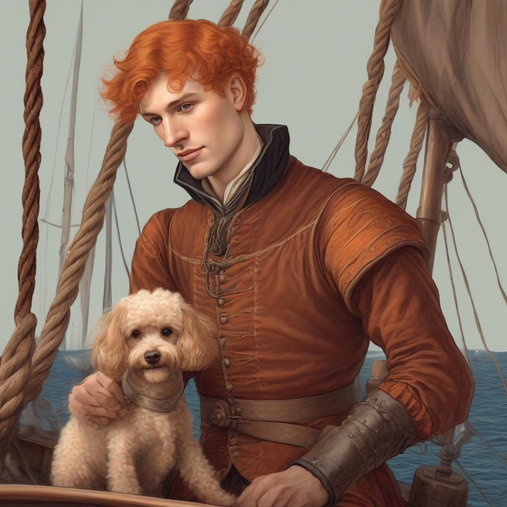 young man in medieval clothing with orange hair and poodle on old sailboat by मुफ्त एआई छवि जनरेटर - बिना लॉगिन के✨ | AIGAZOU