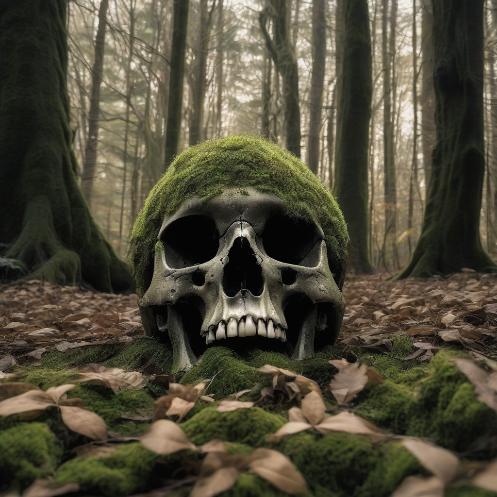 a moss covered skull lies among leaves in a forest by मुफ्त एआई छवि जनरेटर - बिना लॉगिन के✨ | AIGAZOU