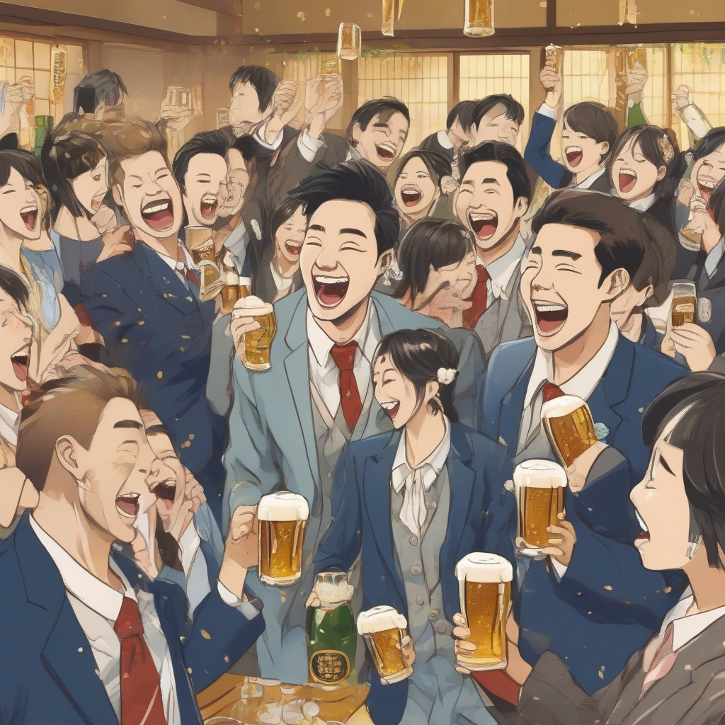 people laughing beer buffet party formal wear indoor color illustration japanese by मुफ्त एआई छवि जनरेटर - बिना लॉगिन के✨ | AIGAZOU