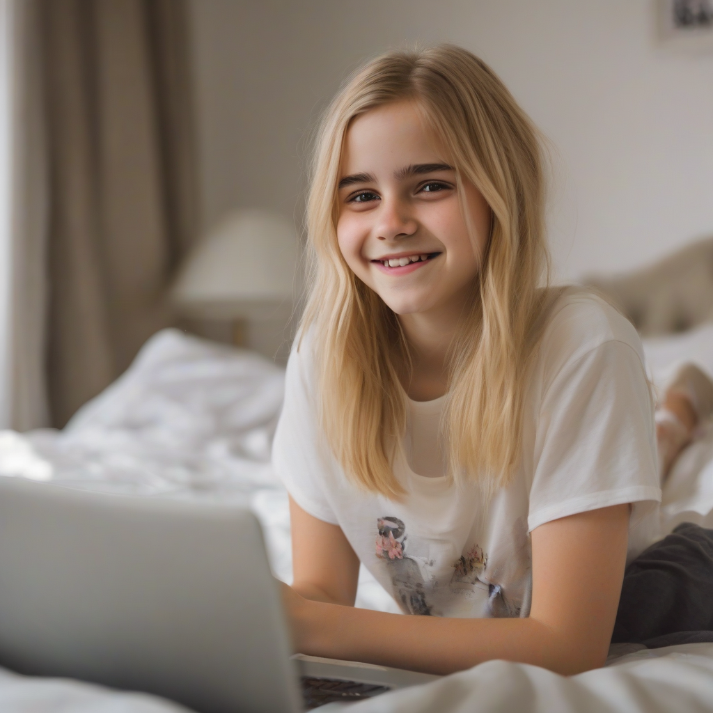 14 year old blonde smiling girl sitting on bed looking at laptop recalling emma watson by मुफ्त एआई छवि जनरेटर - बिना लॉगिन के✨ | AIGAZOU