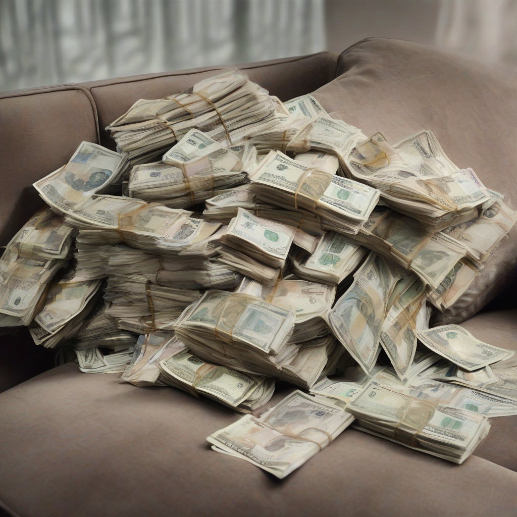 bills bundle on a pile on a sofa by 免费AI图像生成工具 | AIGAZOU