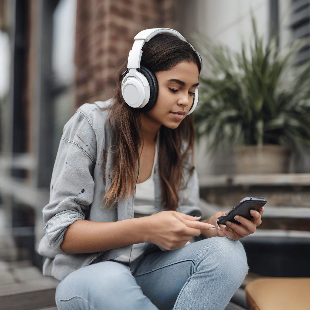 young woman using smartphone with headphones by मुफ्त एआई छवि जनरेटर - बिना लॉगिन के✨ | AIGAZOU