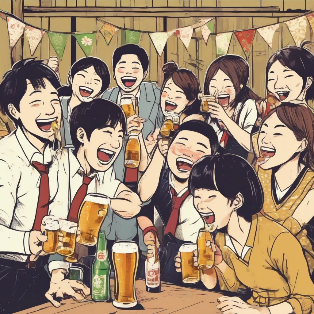 japanese staff enjoying party with beer by 免费AI图像生成工具 | AIGAZOU