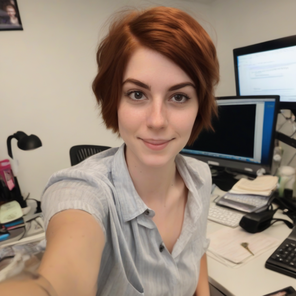 a selfie of a 25 year old woman with very short brown hair at her desk by मुफ्त एआई छवि जनरेटर - बिना लॉगिन के✨ | AIGAZOU