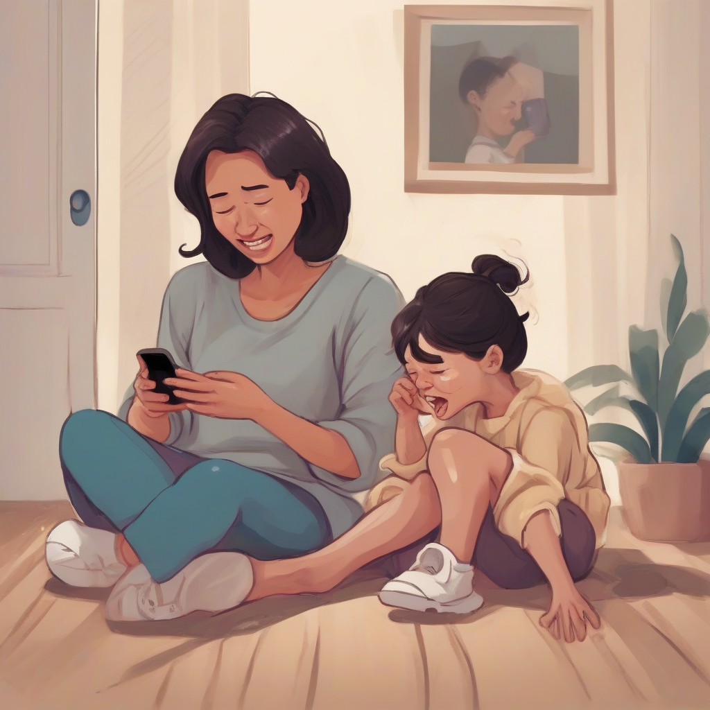 a child cries hungry mother distracted by phone by मुफ्त एआई छवि जनरेटर - बिना लॉगिन के✨ | AIGAZOU