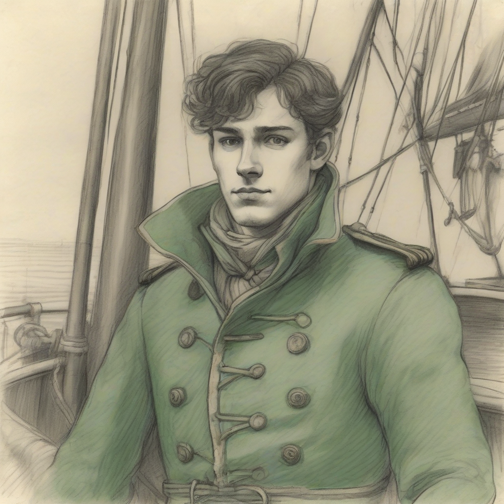 young man on an old sailing ship with a green blue uniform and dark brown hair by मुफ्त एआई छवि जनरेटर - बिना लॉगिन के✨ | AIGAZOU