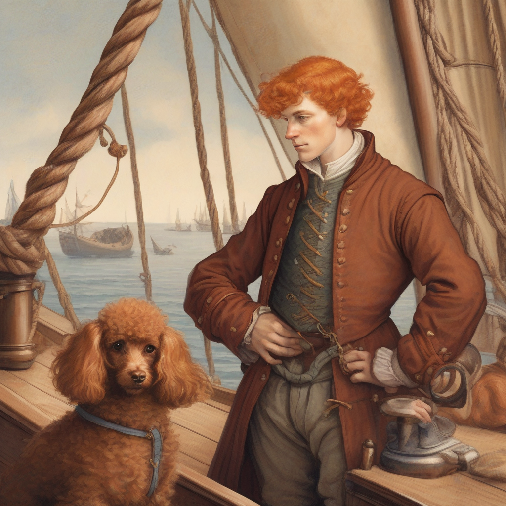 young man in rust medieval clothing orange hair small poodle old sailboat by मुफ्त एआई छवि जनरेटर - बिना लॉगिन के✨ | AIGAZOU