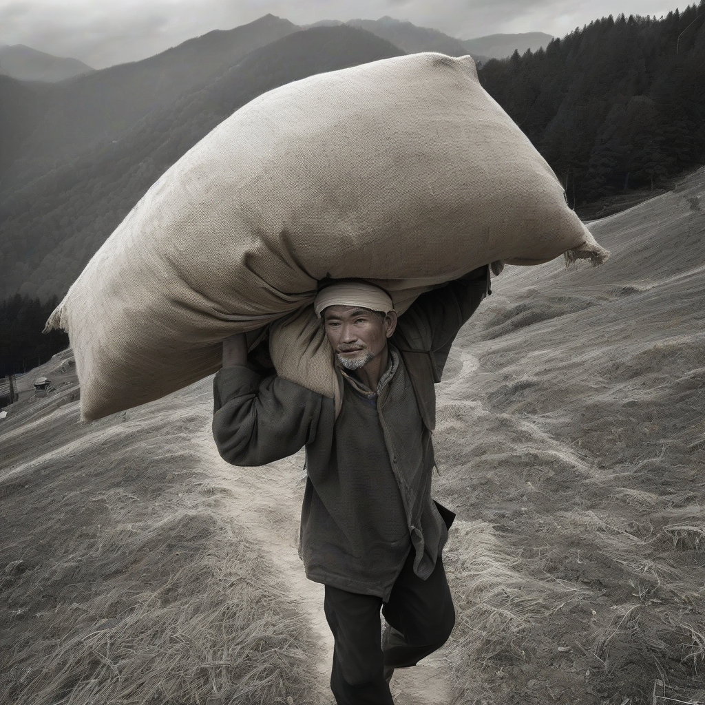 a man carrying a large grain bag in the mountains by मुफ्त एआई छवि जनरेटर - बिना लॉगिन के✨ | AIGAZOU