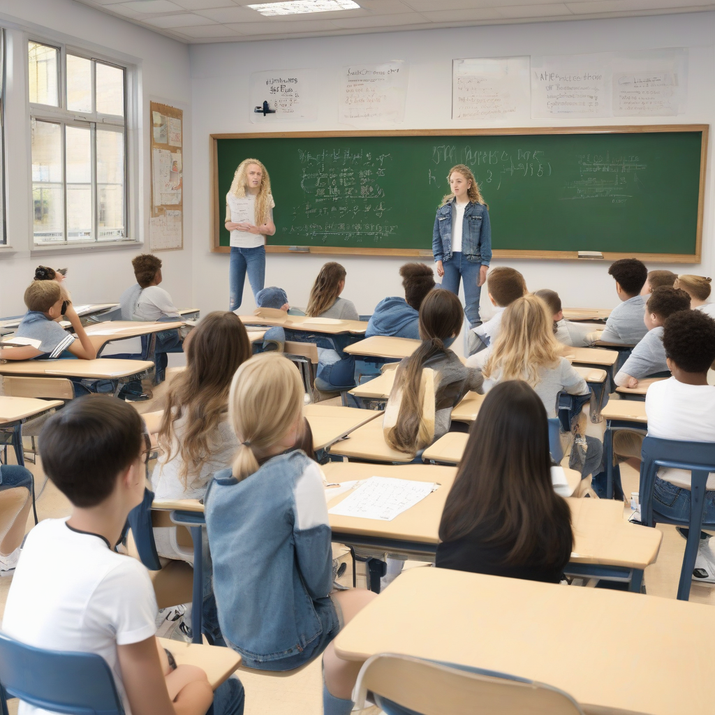 a class of 2nd eso listening to a blonde math teacher by Générateur d'images par IA gratuit - Aucune connexion nécessaire✨ | AIGAZOU