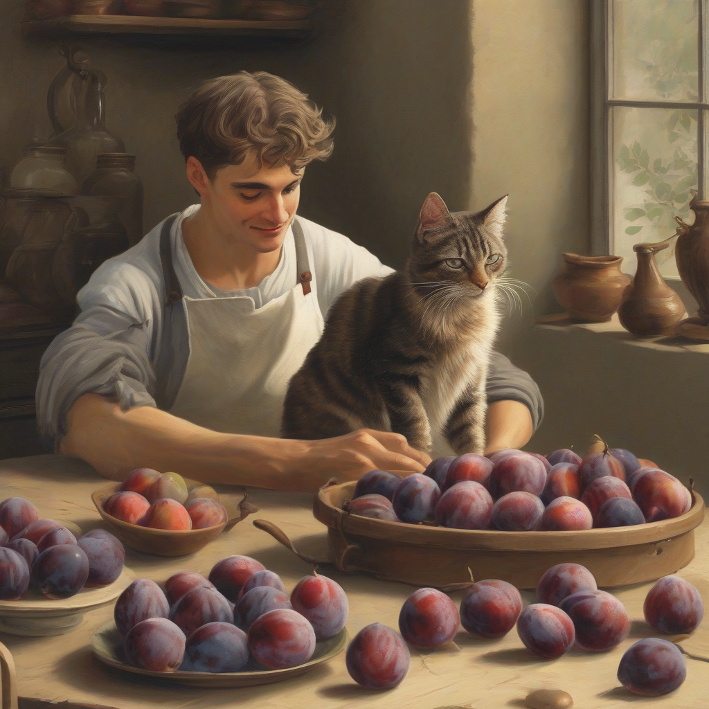 a young man cooking apricots and figs for packaging by Générateur d'images par IA gratuit - Aucune connexion nécessaire✨ | AIGAZOU