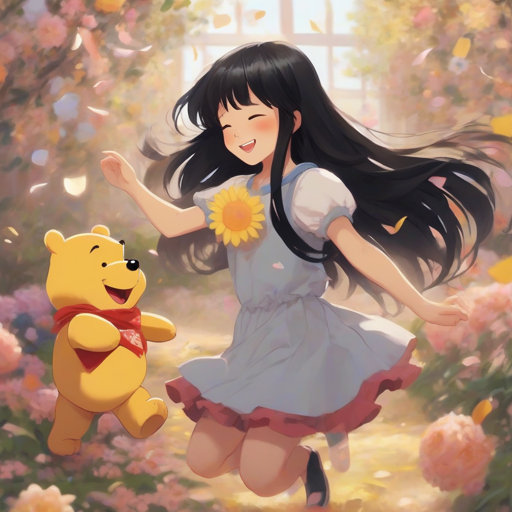 a girl with long black hair and a cute plushie dancing by मुफ्त एआई छवि जनरेटर - बिना लॉगिन के✨ | AIGAZOU