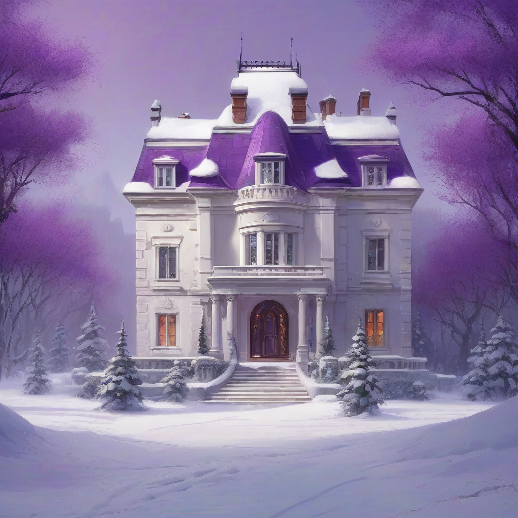 a lavender roofed white walled mansion in snow by Générateur d'images par IA gratuit - Aucune connexion nécessaire✨ | AIGAZOU