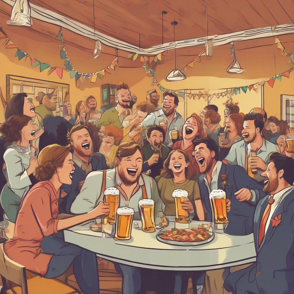 people laughing beer catering party indoor color illustration by मुफ्त एआई छवि जनरेटर - बिना लॉगिन के✨ | AIGAZOU