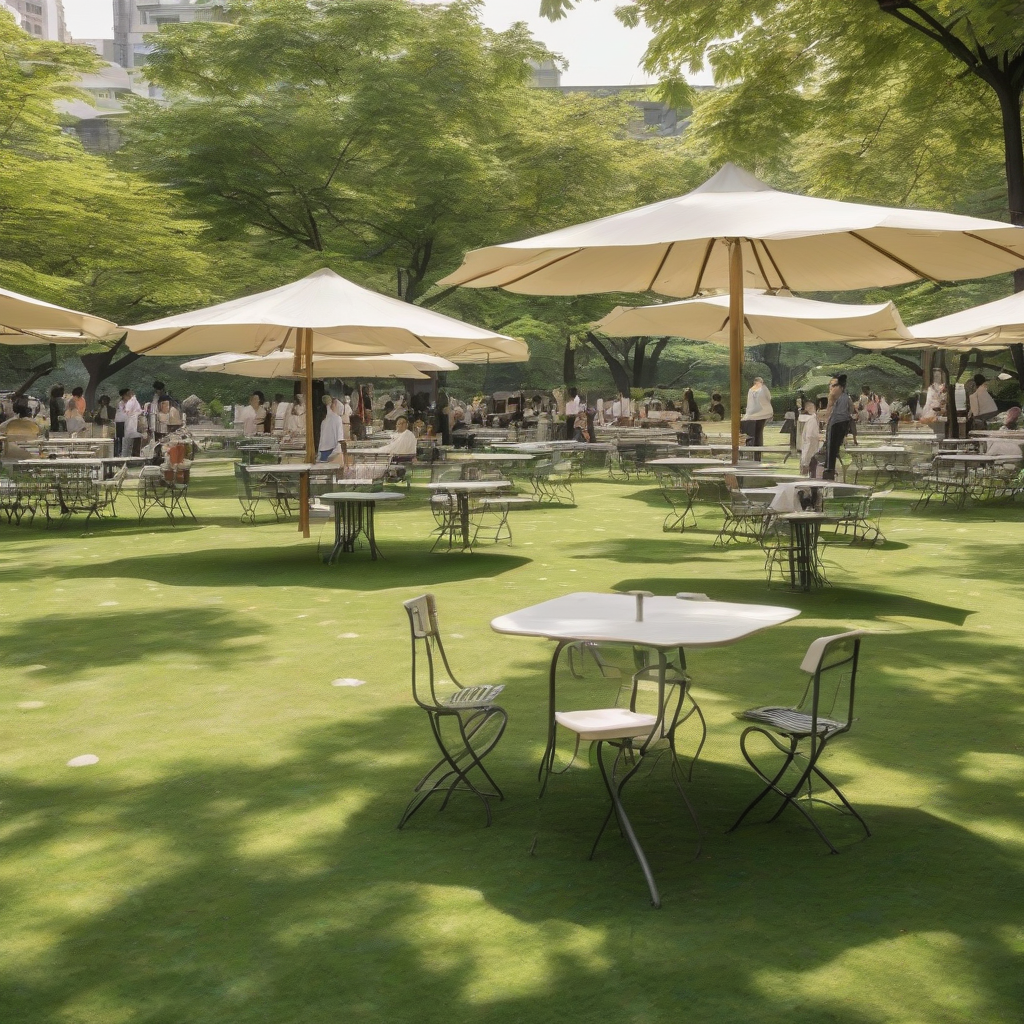 50 square meter lawn park with simple chairs tables umbrellas by Générateur d'images par IA gratuit - Aucune connexion nécessaire✨ | AIGAZOU