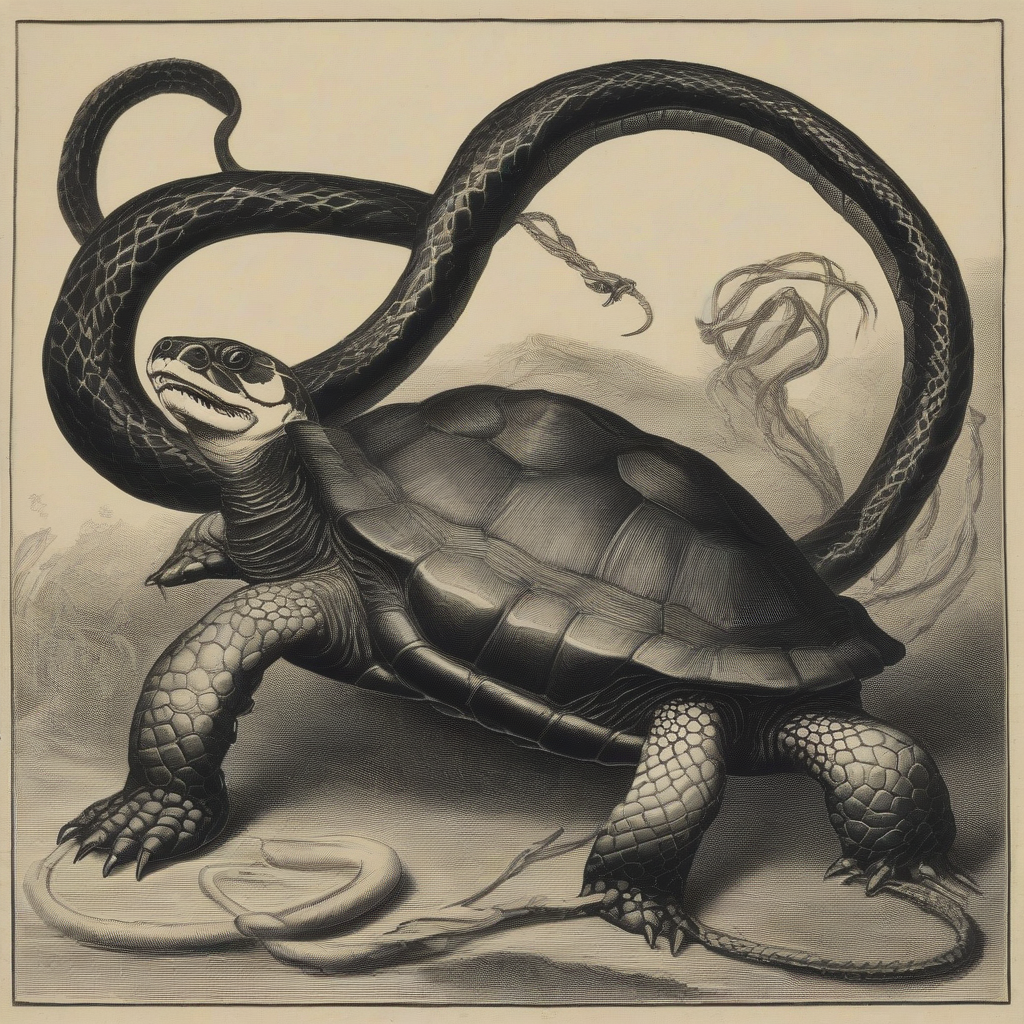 a black turtle and a snake fighting by मुफ्त एआई छवि जनरेटर - बिना लॉगिन के✨ | AIGAZOU