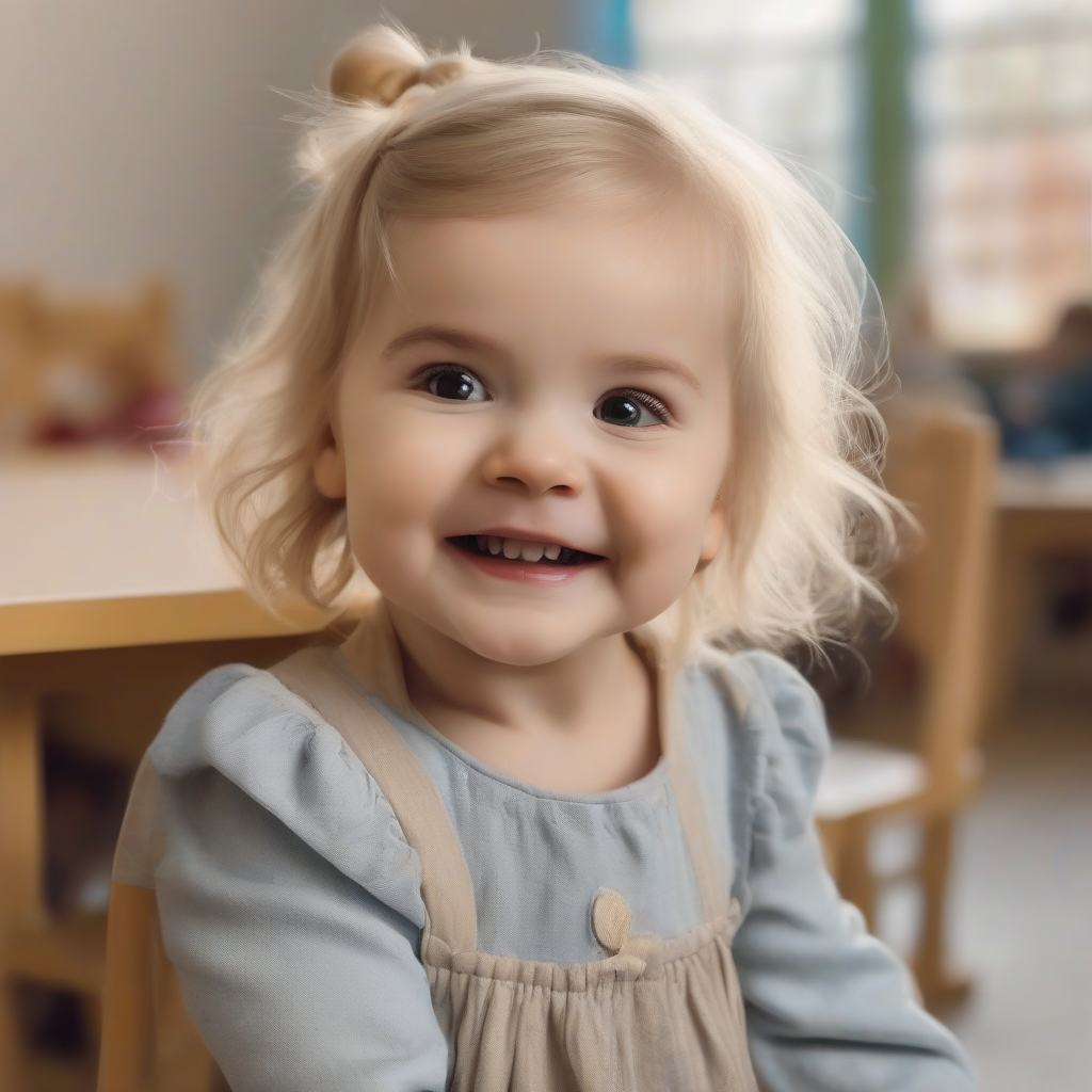 1 year old blonde smiling girl in kindergarten by मुफ्त एआई छवि जनरेटर - बिना लॉगिन के✨ | AIGAZOU