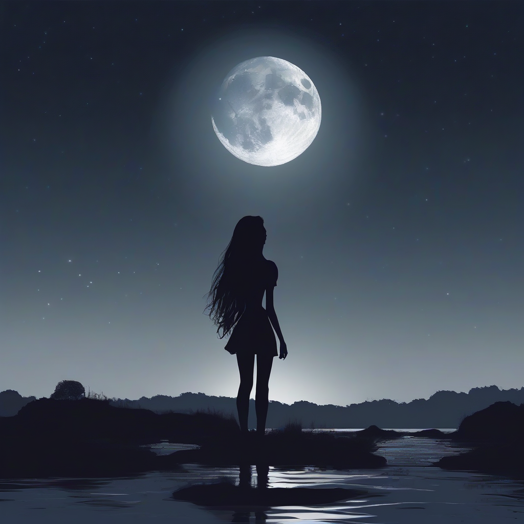 a woman with straight long hair gazing at the beautiful moon in the night sky by मुफ्त एआई छवि जनरेटर - बिना लॉगिन के✨ | AIGAZOU