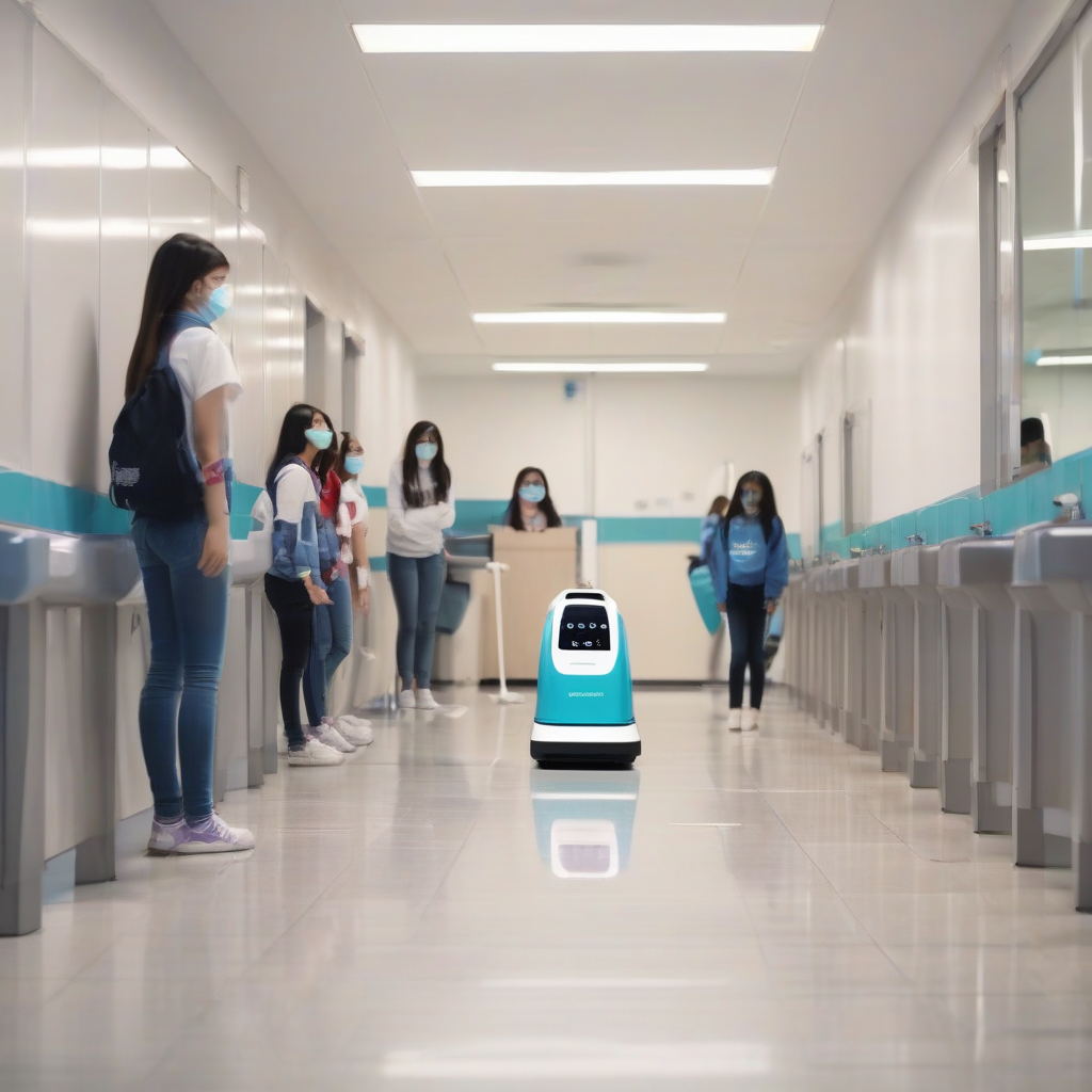 ai cleaning robot sanitizing school bathrooms by मुफ्त एआई छवि जनरेटर - बिना लॉगिन के✨ | AIGAZOU