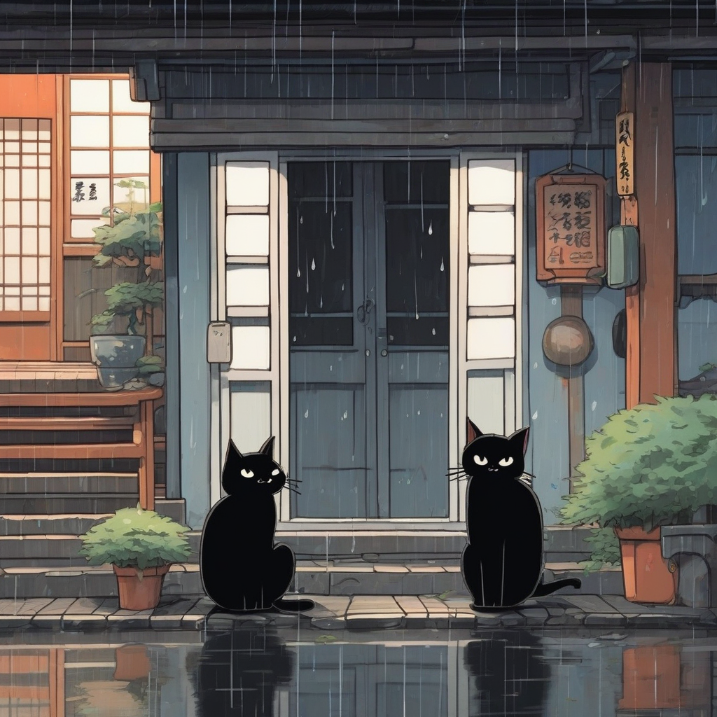 two cute black cats hiding from rain under building by मुफ्त एआई छवि जनरेटर - बिना लॉगिन के✨ | AIGAZOU