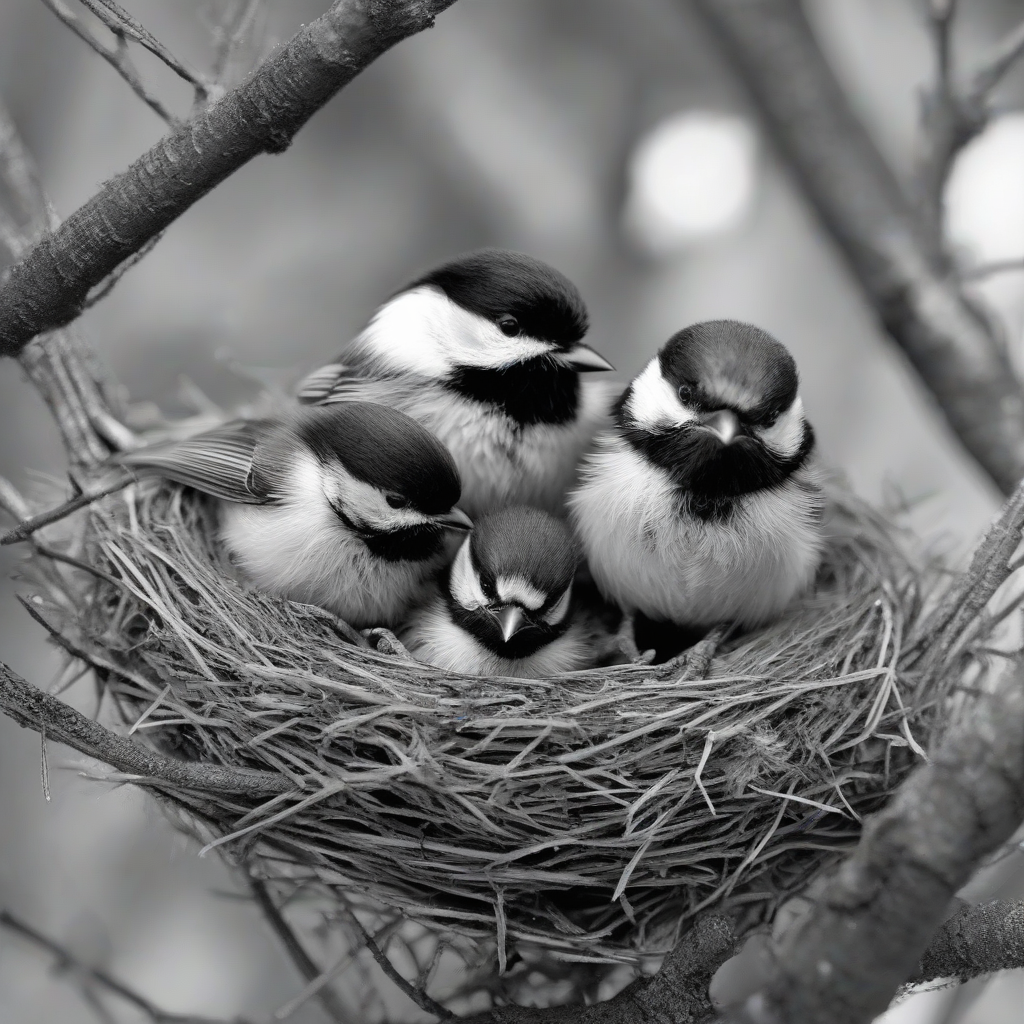 black and white photo of tit chicks in nest by मुफ्त एआई छवि जनरेटर - बिना लॉगिन के✨ | AIGAZOU