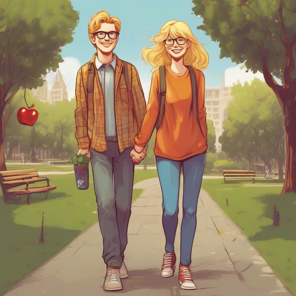 nerd couple apple park walk by मुफ्त एआई छवि जनरेटर - बिना लॉगिन के✨ | AIGAZOU