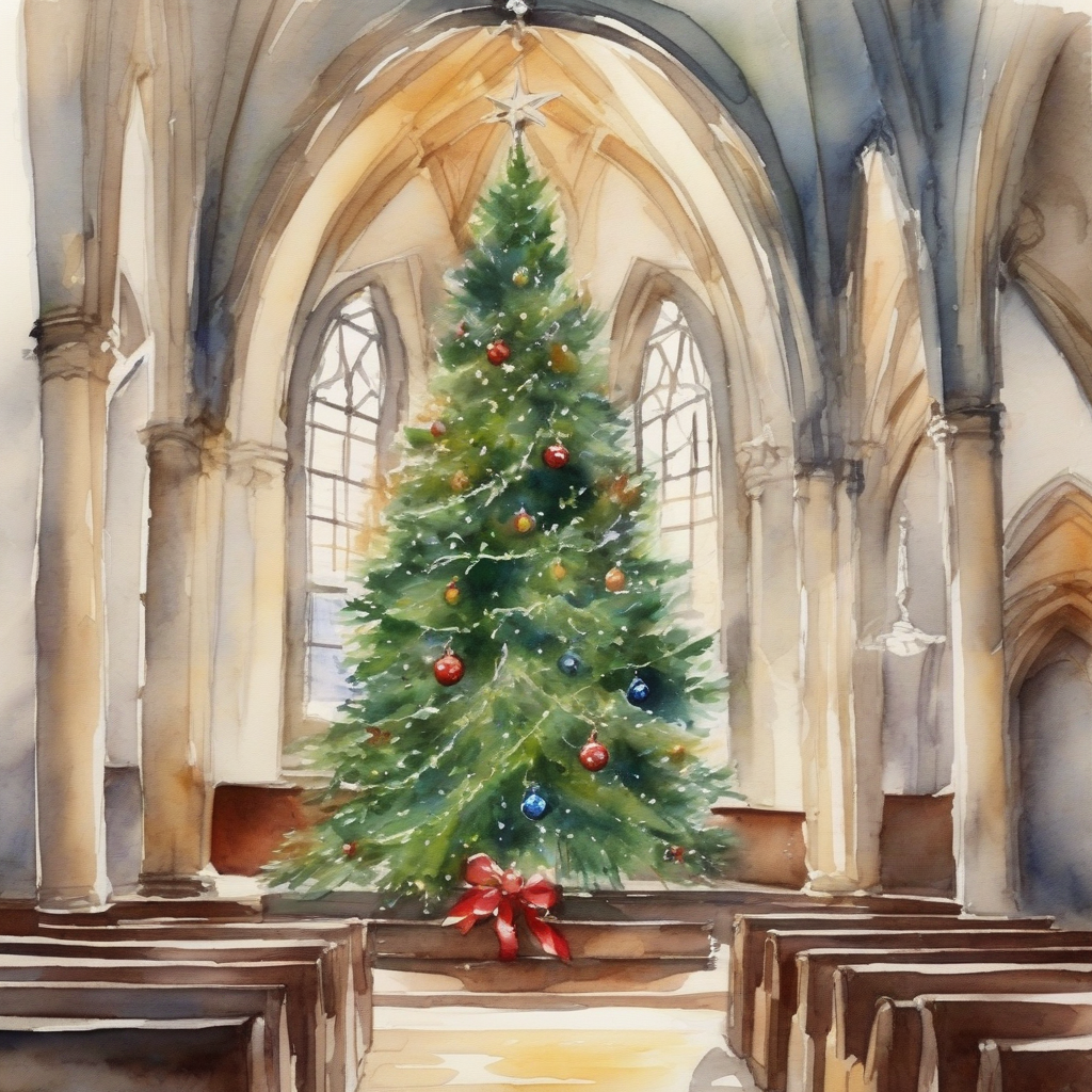 a church christmas tree watercolor by मुफ्त एआई छवि जनरेटर - बिना लॉगिन के✨ | AIGAZOU