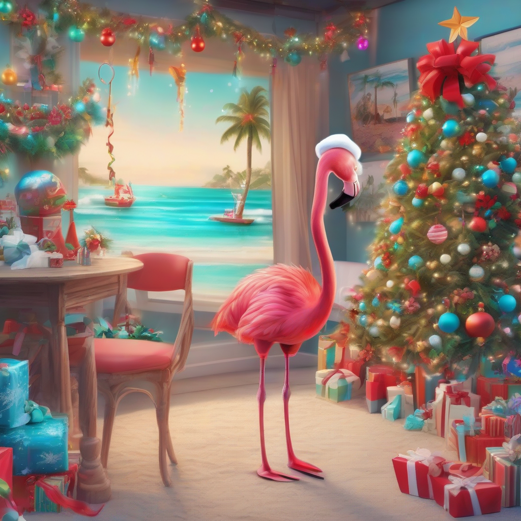 turquoise sea beach flowers christmas tree flamingo by मुफ्त एआई छवि जनरेटर - बिना लॉगिन के✨ | AIGAZOU