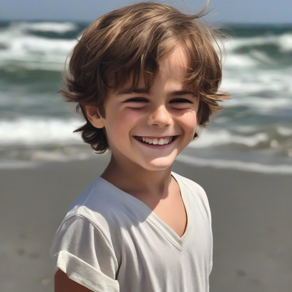 a five year old boy with brown hair smiling by the sea reminiscent of emma watson by मुफ्त एआई छवि जनरेटर - बिना लॉगिन के✨ | AIGAZOU