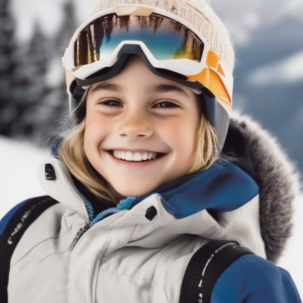 11 year old blonde smiling skiing reminiscent of emma watson by मुफ्त एआई छवि जनरेटर - बिना लॉगिन के✨ | AIGAZOU