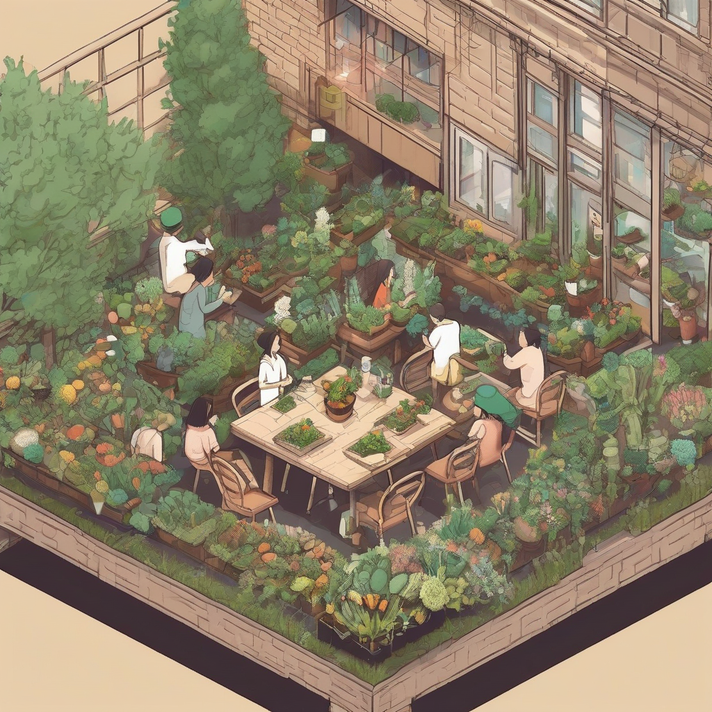 isometric drawing long table urban gardening by मुफ्त एआई छवि जनरेटर - बिना लॉगिन के✨ | AIGAZOU