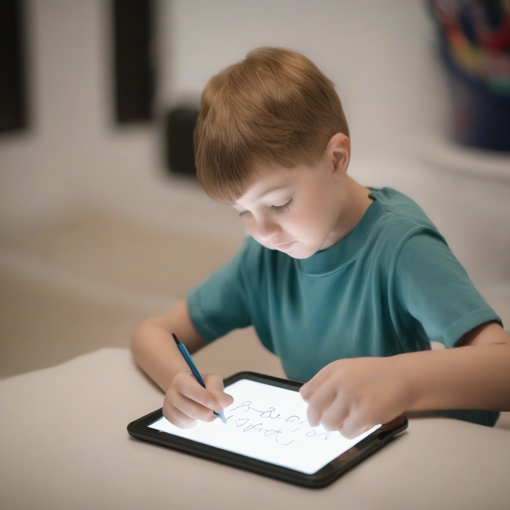 a child with very short hair writes on a tablet by Générateur d'images par IA gratuit - Aucune connexion nécessaire✨ | AIGAZOU