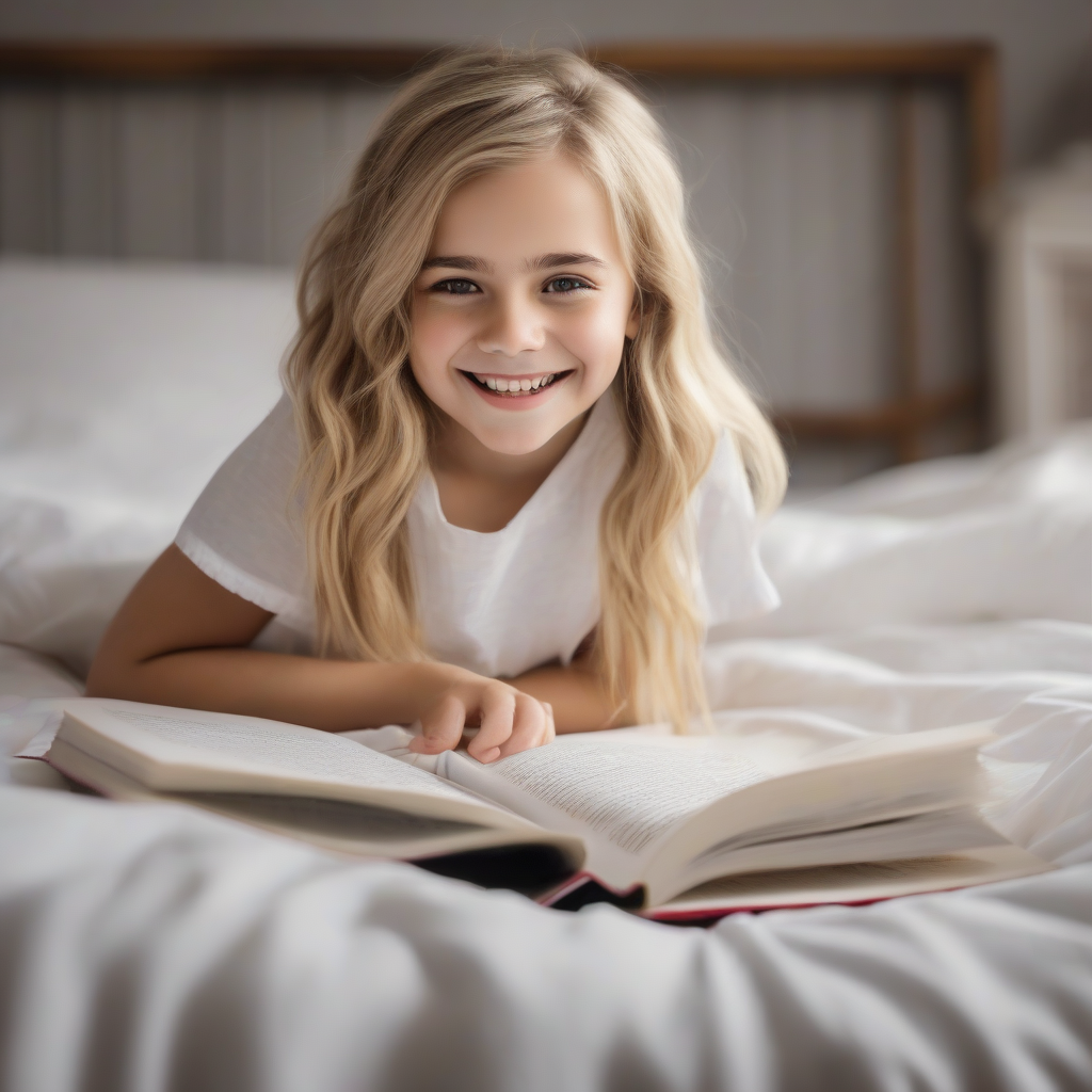 8 year old blonde girl smiling on bed reading book reminiscent of emma watson by मुफ्त एआई छवि जनरेटर - बिना लॉगिन के✨ | AIGAZOU