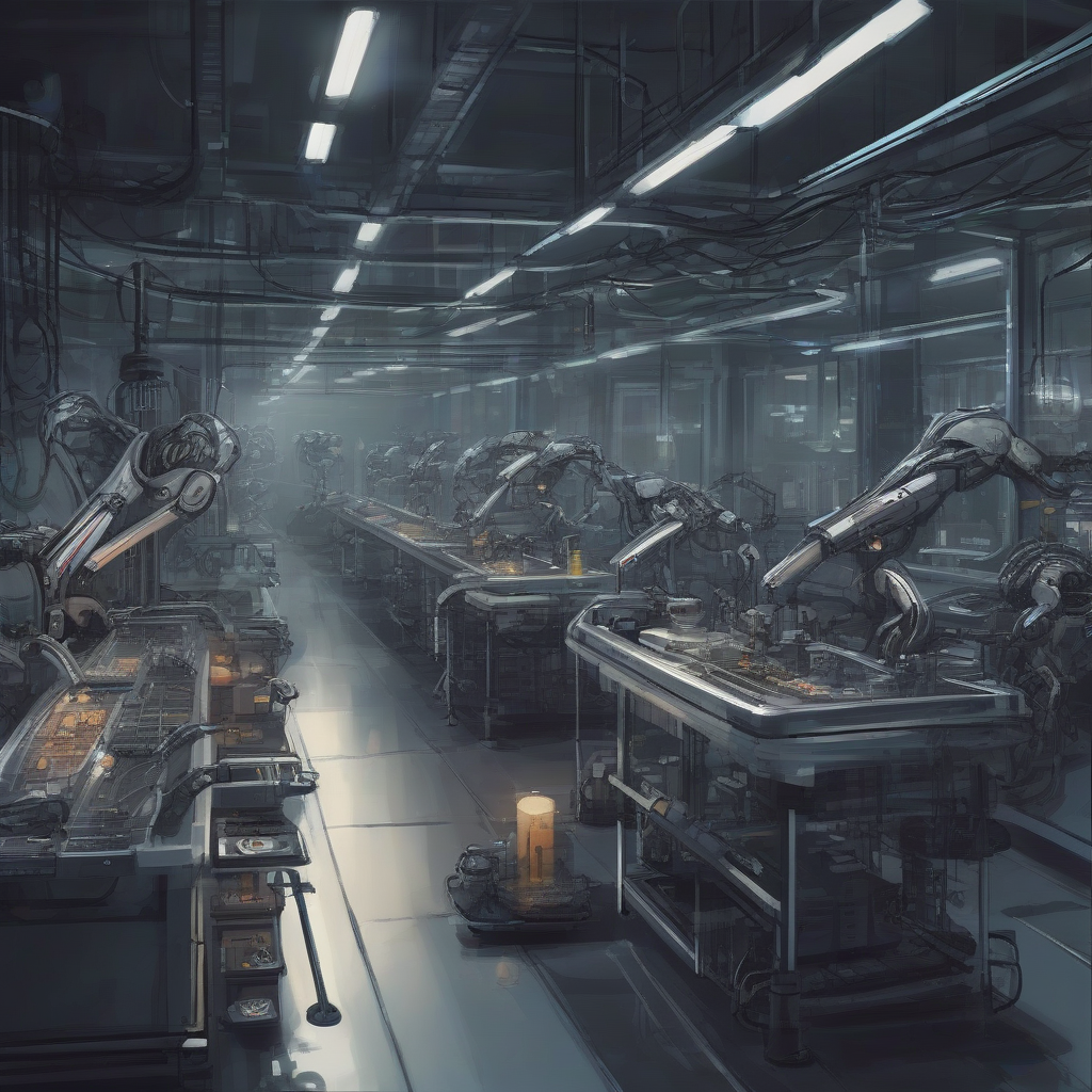 dark technological science fiction lab with automatic cyborg assembly line by मुफ्त एआई छवि जनरेटर - बिना लॉगिन के✨ | AIGAZOU