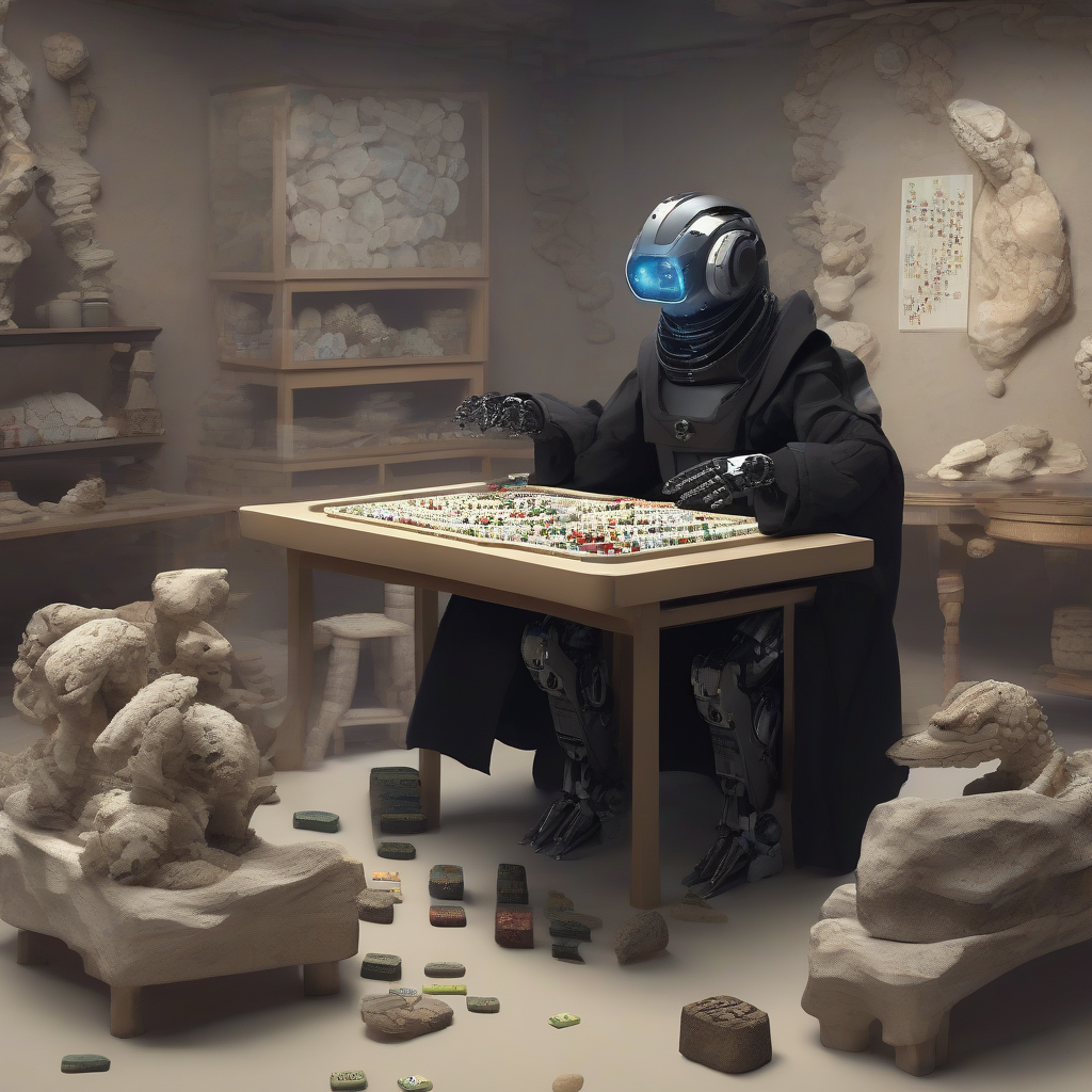 a robot in a black coat playing mahjong in a room surrounded by fossils and raw stones by मुफ्त एआई छवि जनरेटर - बिना लॉगिन के✨ | AIGAZOU