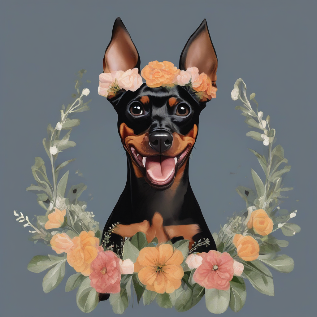 black and red pinscher with a bouquet of flowers by मुफ्त एआई छवि जनरेटर - बिना लॉगिन के✨ | AIGAZOU