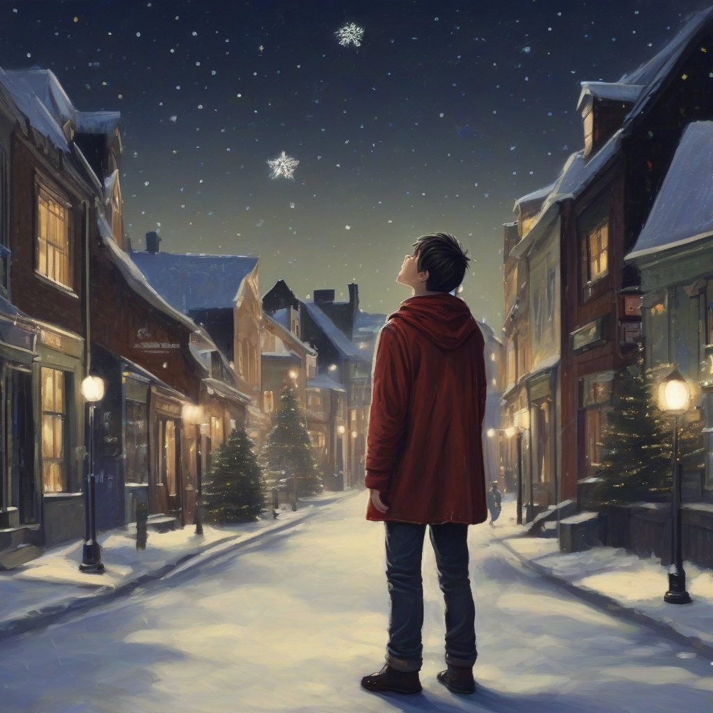 young man looking up at night sky in christmas town by मुफ्त एआई छवि जनरेटर - बिना लॉगिन के✨ | AIGAZOU