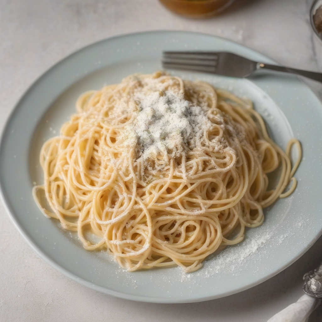 photo of creamy spaghetti with powdered cheese on a plate by मुफ्त एआई छवि जनरेटर - बिना लॉगिन के✨ | AIGAZOU