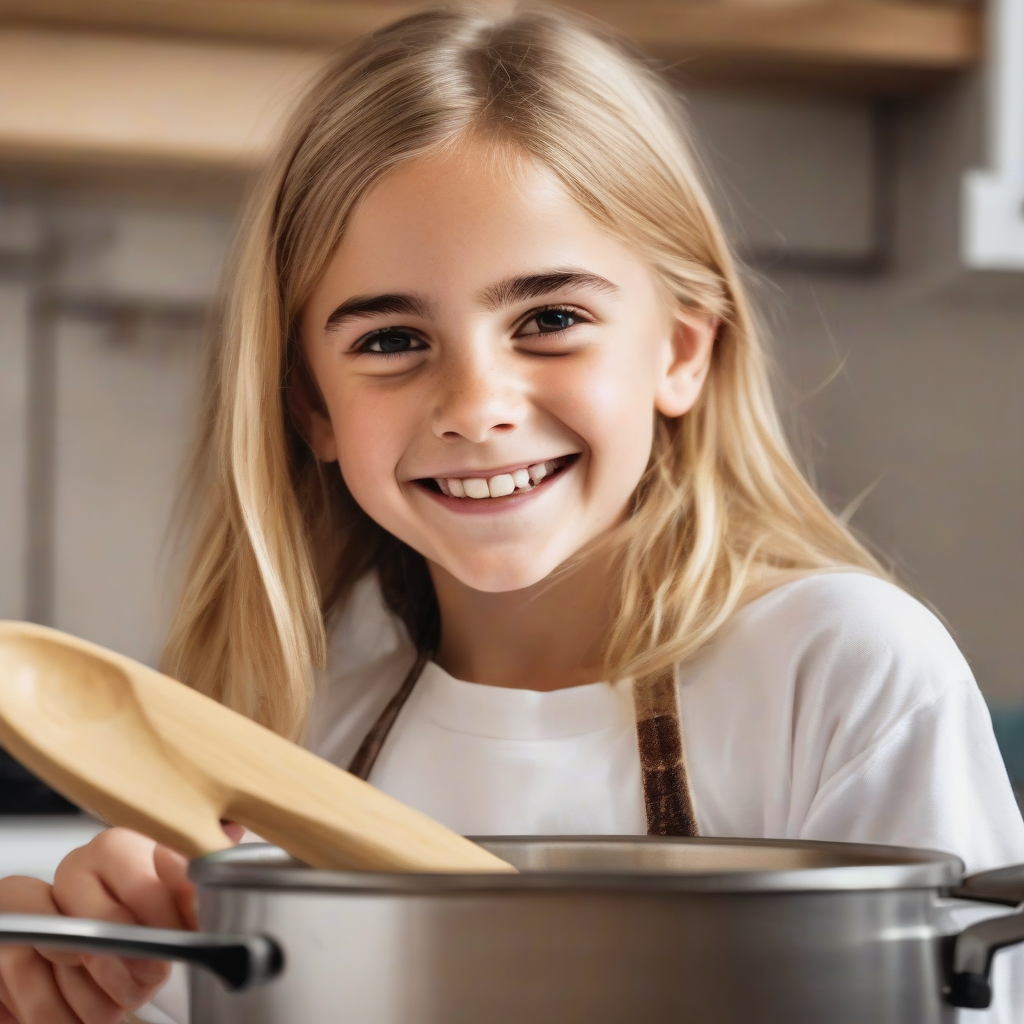 11 year old blonde smiling girl cooking resembles emma watson by मुफ्त एआई छवि जनरेटर - बिना लॉगिन के✨ | AIGAZOU