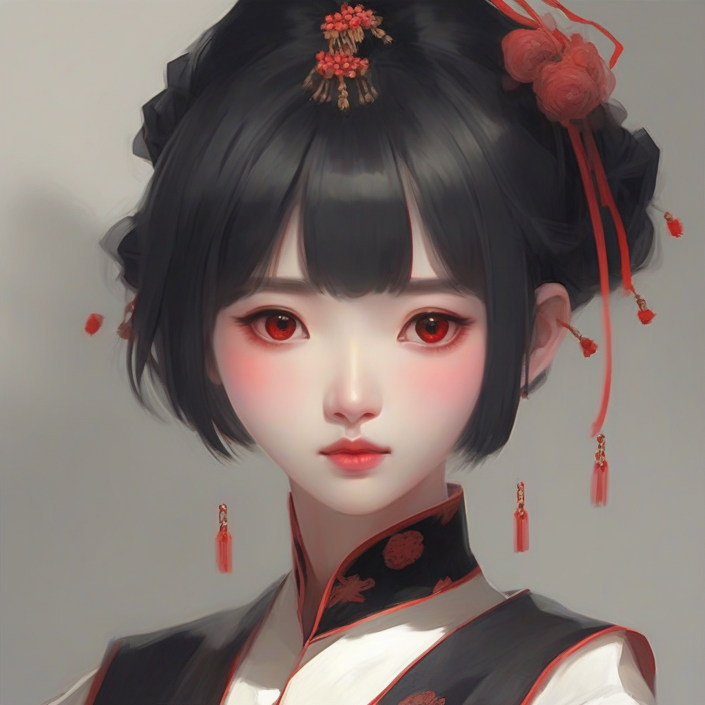 a korean girl with black bob hair and red eyes in black china dress by मुफ्त एआई छवि जनरेटर - बिना लॉगिन के✨ | AIGAZOU