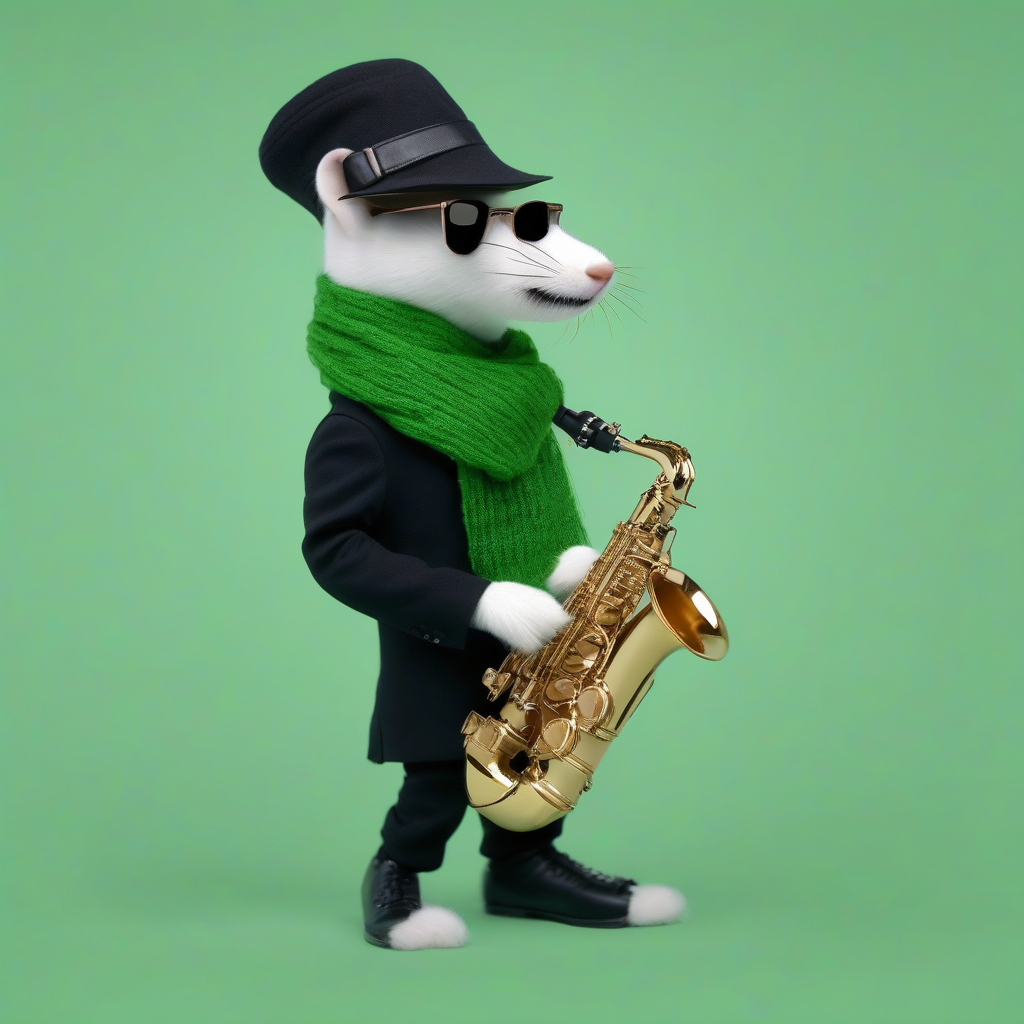 hermelin with dark glasses hat and scarf plays saxophone greenscreen by मुफ्त एआई छवि जनरेटर - बिना लॉगिन के✨ | AIGAZOU