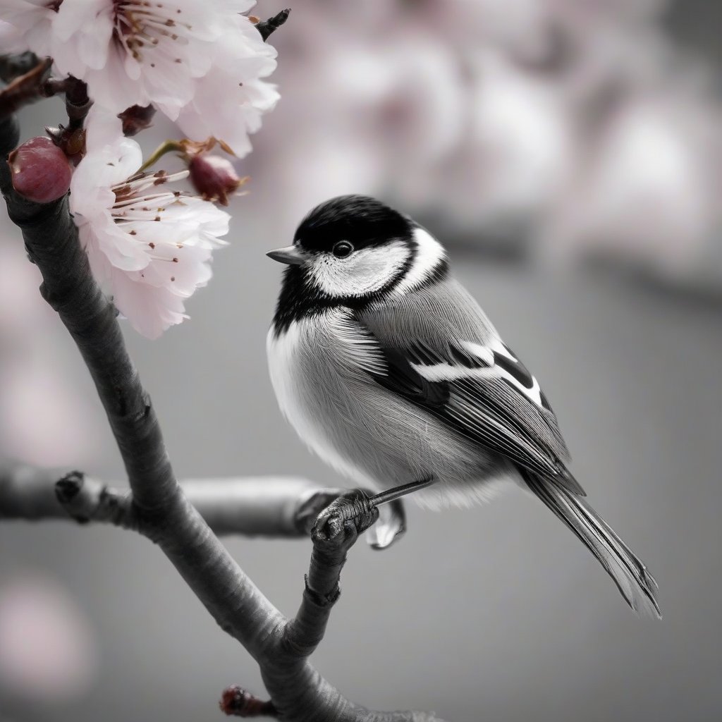 black and white photo of a tit on a cherry blossom branch 15x15 by मुफ्त एआई छवि जनरेटर - बिना लॉगिन के✨ | AIGAZOU