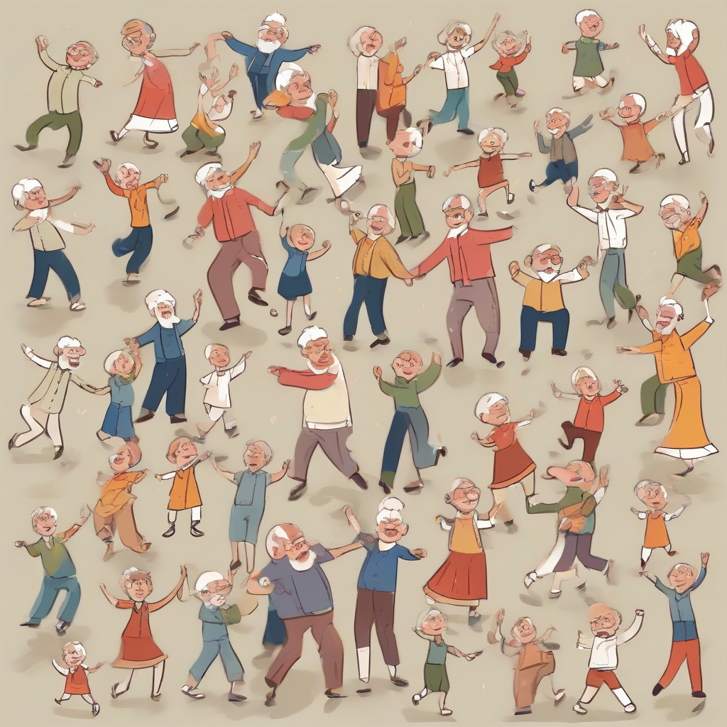 minimal illustration minimal colors dancing grandparents and ten grandchildren by मुफ्त एआई छवि जनरेटर - बिना लॉगिन के✨ | AIGAZOU