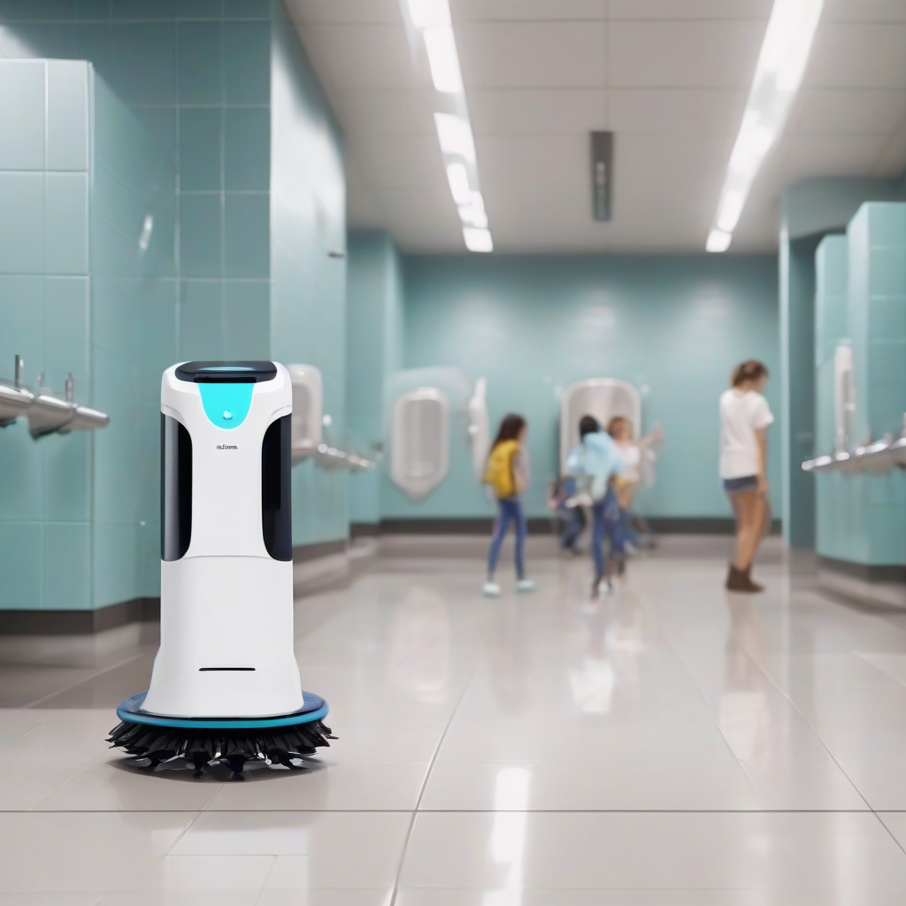 ai cleaning robot sanitizing school bathrooms by मुफ्त एआई छवि जनरेटर - बिना लॉगिन के✨ | AIGAZOU