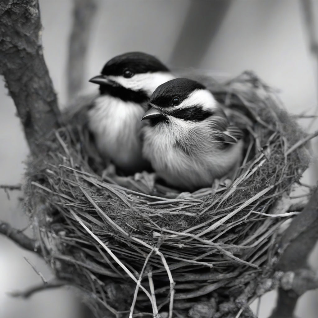 black and white photo of tit chicks in nest by मुफ्त एआई छवि जनरेटर - बिना लॉगिन के✨ | AIGAZOU