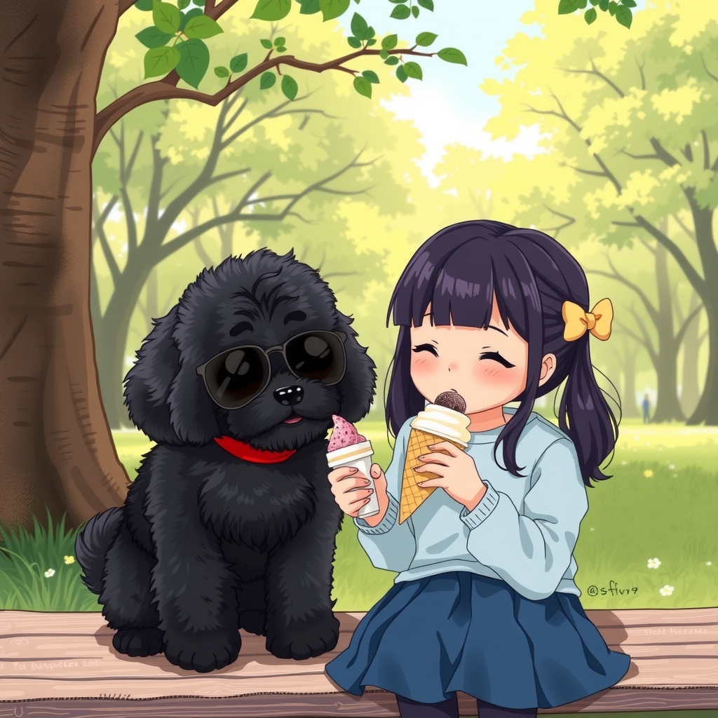 a black toy poodle and a 10 year old girl eating ice cream in the park by मुफ्त एआई छवि जनरेटर - बिना लॉगिन के✨ | AIGAZOU