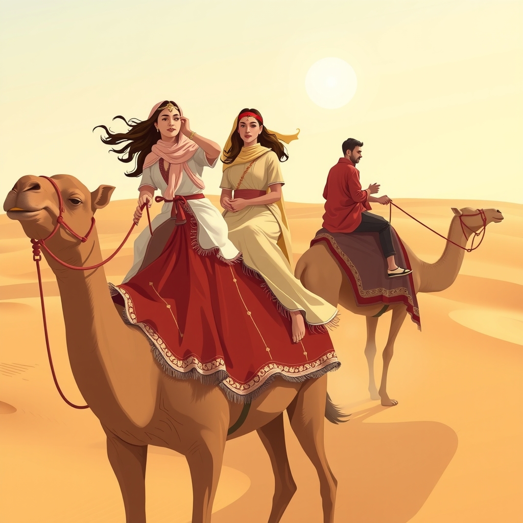 women in traditional tunisian dress on camels in desert by मुफ्त एआई छवि जनरेटर - बिना लॉगिन के✨ | AIGAZOU