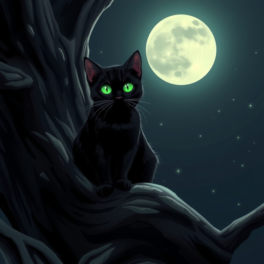 a black cat with green eyes sitting on a tree at night by मुफ्त एआई छवि जनरेटर - बिना लॉगिन के✨ | AIGAZOU